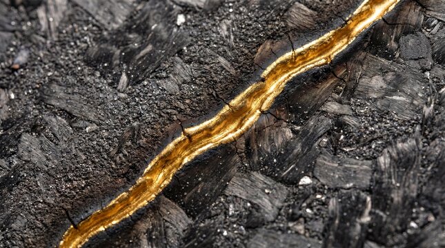 Continuous Dark Slate Earth Fissure Filled with Bright Molten Liquid Gold Vein