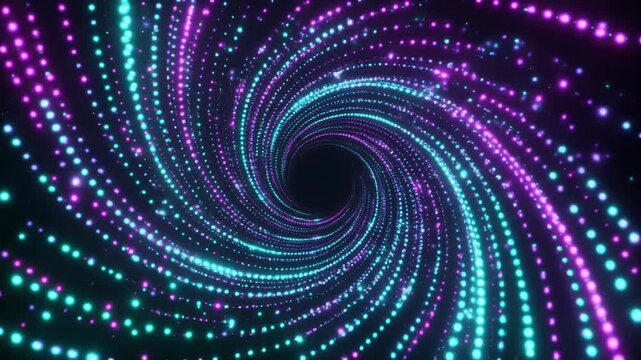 Vibrant purple and blue neon spiral tunnel with glowing dots, futuristic background texture, abstract swirling pattern, mesmerizing digital artwork, neon-lit tunnel effect