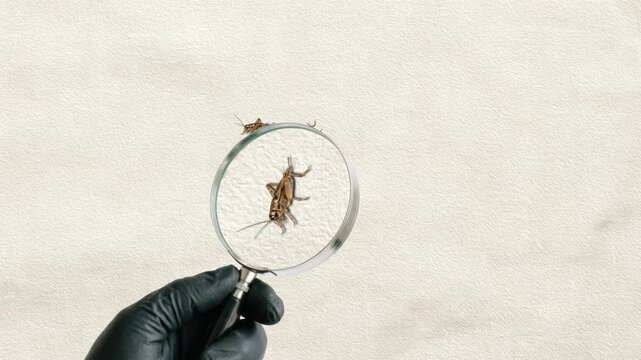 Macro View of Cricket Observed Through Magnifying Glass Held by Gloved Hand for Scientific Entomology Research and Professional Pest Control Inspection and Identification for Laboratory Study, Agricul