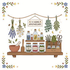Obraz premium Herbal medicine apothecary shelf setup.