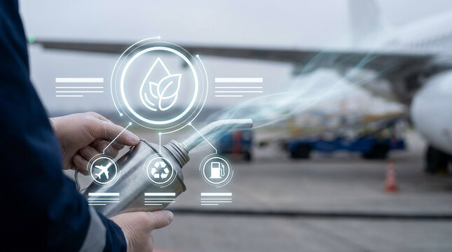 Sustainable aviation fuel SAF concept with worker holding eco fuel canister at airport with digital overlay showing green energy icons for aircraft.