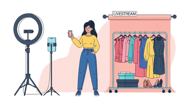 Illustration of fashion influencer filming video content in studio with ring light, tripod, garment rack, shoes, and livestream sign backdrop on white background.