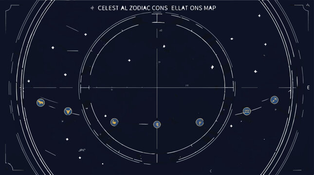 Zodiac constellations, celestial map, astronomy illustration, star chart