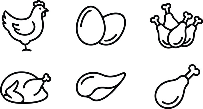 Chicken and poultry products thin line icon set vector illustration with hen eggs drumstick breast isolated on white background for butcher shop
