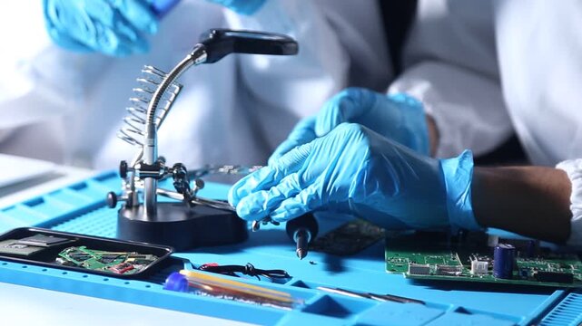 Technician assembling and testing an electronic circuit board in a high tech laboratory, representing semiconductor engineering, electronics manufacturing, precision technology and hardware developmen
