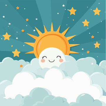A cheerful sun and moon illustration smiling amidst fluffy clouds and twinkling stars, perfect for children's decor.