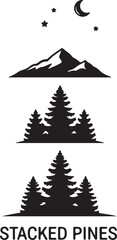 Obraz premium Outdoor landscape graphic with mountains pine trees moon stars the text 'stacked pines' depicting nature and wilderness national park evergreen tree mountain range starry night mountain tranquil