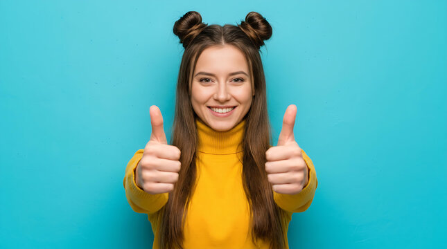 Smiling Teenage Girl Showing Double Thumbs Up on Blue Background, Approval, Success and Positive Feedback Concept
