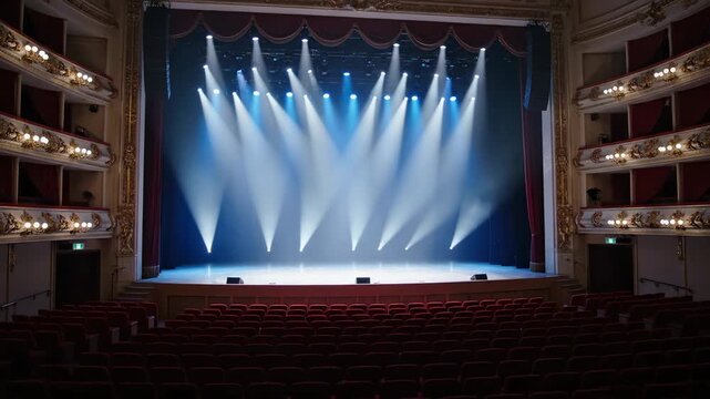 Interior view of a grand theater with red seating, ornate balconies, a stage illuminated with spotlights, and draped curtains