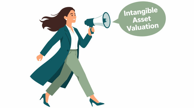 Businesswoman announcing intangible asset valuation concept.