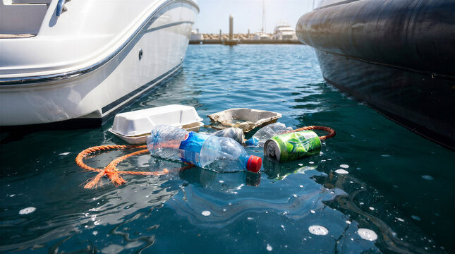 Plastic waste floating in water near boats in marina environment  