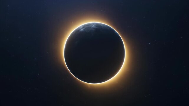 Solar eclipse with glowing corona in dark space, celestial astronomy phenomenon, moon blocking sun, rare cosmic event, black background
