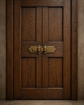 Heavy oak door with a pair of closed brass hasps at its center.