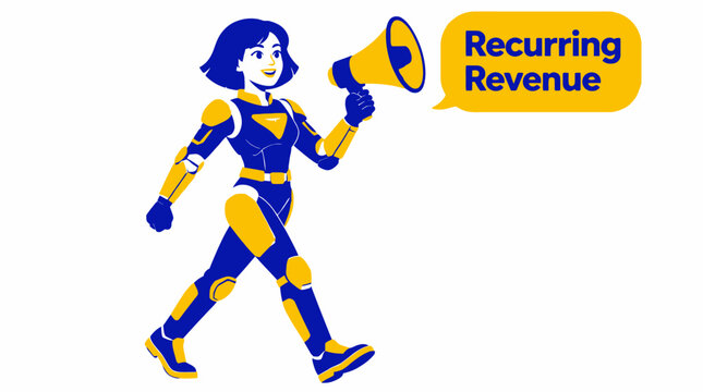 Cartoon superhero holding megaphone for recurring revenue concept.
