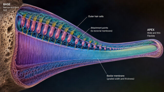 Detailed cross section of cochlear anatomy showing basilar membrane from base to apex with false color biomedical visualization and outer hair cell structures