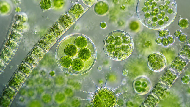 Microscopic algal cell cluster under magnification, showing green photosynthetic microorganism, freshwater ecology, biological cell structure detail