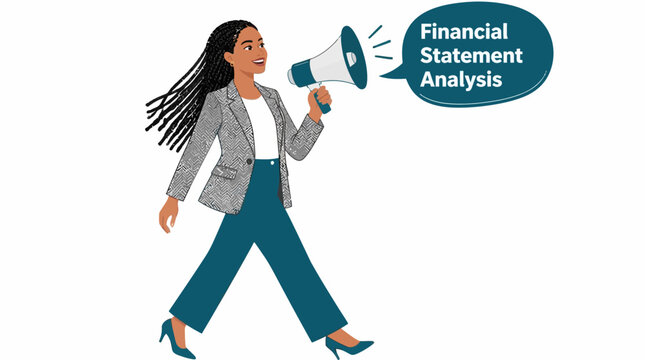 Businesswoman announcing financial statement analysis with megaphone.