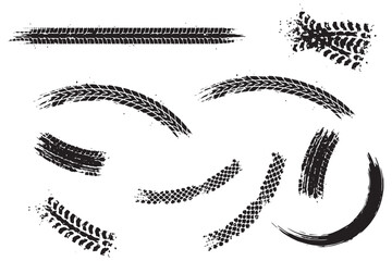 Tire Track Marks Vector Set, Grunge Rubber Wheel Skid Marks Collection, Car Motorcycle and Bike Tracks on Dirty Road, Footprint Style Vector Illustration EPS 10 © maxsabbir07