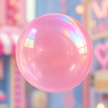 Large pink bubblegum bubble with iridescent highlights against a pastel background.