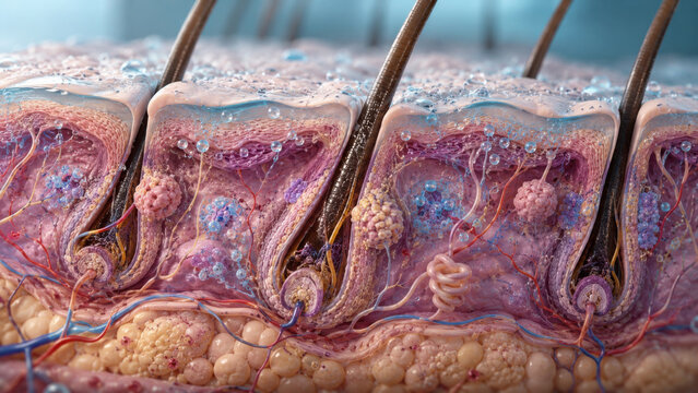 Cross section of human skin anatomy showing hair follicle structure, sebaceous gland, and dermal layers with cellular detail in scientific medical illustration