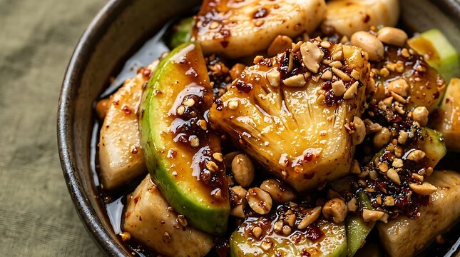 Extreme Macro of Indonesian Rujak Fruit Salad with Glistening Palm Sugar Caramel, Tamarind and Chili Glaze, Premium Swicy Commercial Food Photography Asset on Muted Olive Backdrop