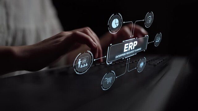 ERP platform visual showing centralized system for enterprise resource planning, improving integration, data flow, business efficiency, finance, inventory, and human resources. Muxer