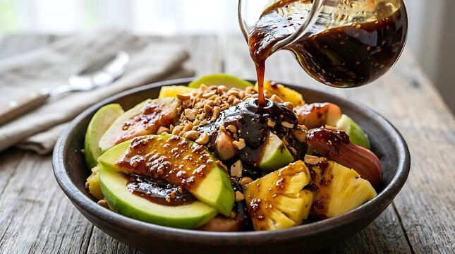 Close Up of Glossy Swicy Rujak Sauce Pouring Over Fresh Tropical Fruits and Crunchy Peanuts, Premium Luxury Palm Sugar Glaze