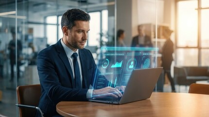 Fototapeta premium Man working on futuristic holographic interface with laptop in modern office.