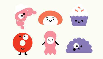 Obraz premium Collection of happy and diverse food characters featuring baked goods and sweets
