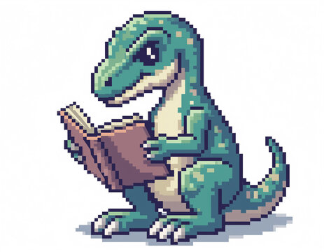 A green dinosaur reads a book while sitting on the forest floor.
