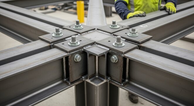 Industrial steel beam construction joint on a building site