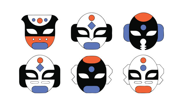 Set of colorful mexican style wrestling masks with abstract geometric designs