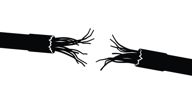 Cut electrical cable with frayed wires black silhouette on white background