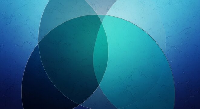 Wide format abstract digital painting with intersecting blue and teal crescents and gritty fresco texture