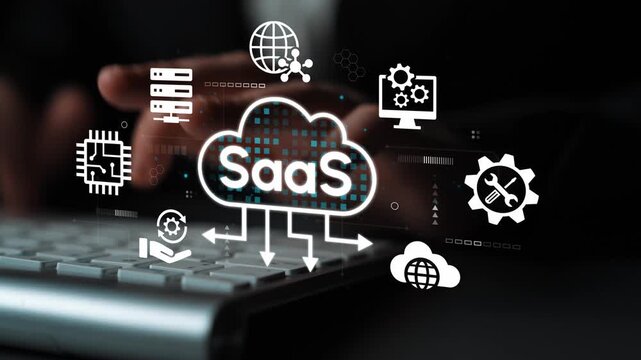 Hands Typing on Keyboard with SaaS Cloud Icon and Digital Icons Representing Technology and Service Innovations in Modern Business Solutions. Entropy.