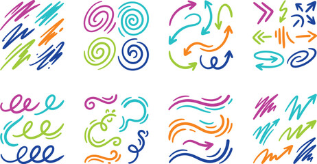 Obraz premium Colorful Hand Drawn Swirls Arrows and Scribble Vector Elements Collection Set