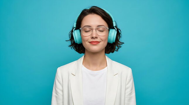 Young Woman Relaxing with Wireless Headphones and Closed Eyes on Blue Background, Music Listening and Mindful Lifestyle Concept