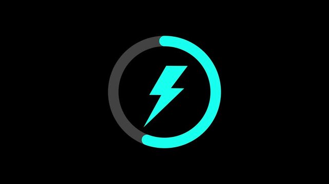 Battery charging animation with power icon on black background.