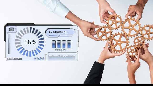A creative representation of hands collaborating with gears while showcasing an EV charging status on a digital interface, emphasizing teamwork and innovation in technology. Raster