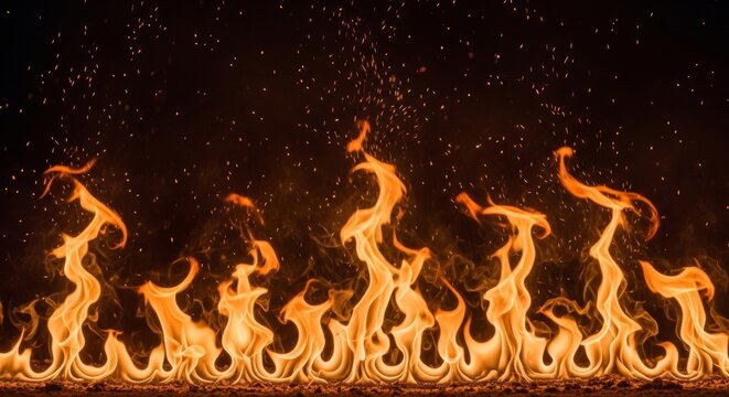 Detailed close up of a burning fire line with individual orange flame tongues and rising sparks against a black background