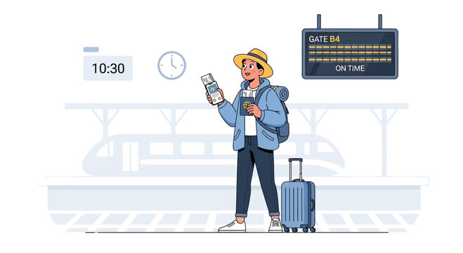 Traveler with luggage at train station, waiting for departure, checking phone