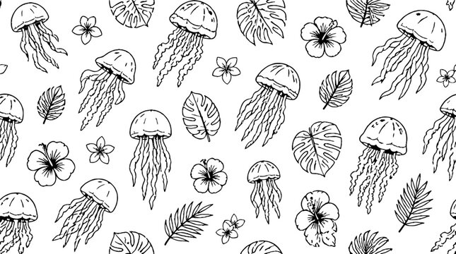 Hand drawn jellyfish and tropical leaves pattern.