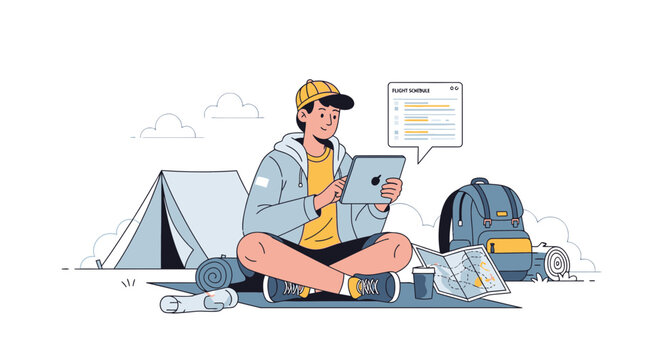 Young man using tablet for planning camping trip with tent and backpack