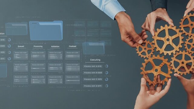 Hands come together to interact with gears, symbolizing collaboration in business process management, adorned by a digital workflow interface in the background. Raster