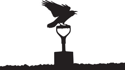 Obraz premium Black Silhouette of a Crow Perched on a Shovel Handle