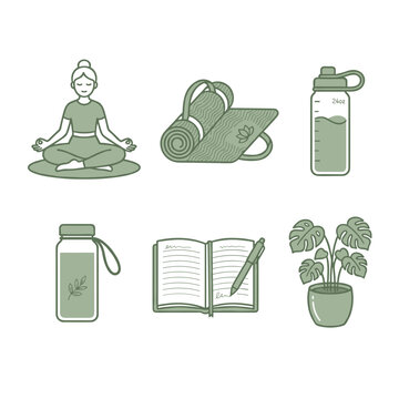 A serene vector illustration graphic design depicting a woman in a meditative yoga pose with equipment and journal