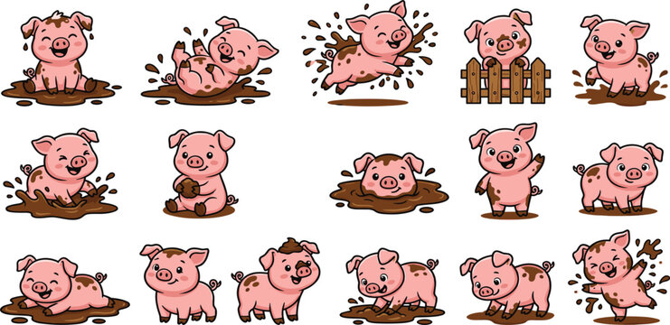 Cute pink pig cartoon characters playing in mud vector icon set featuring dirty little piglets on farm landscape
