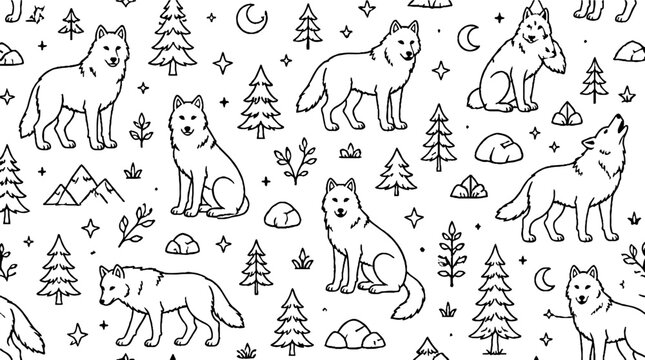 Illustrated wolves and forest elements pattern design.