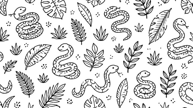 Intricate black and white snake and leaf pattern design.