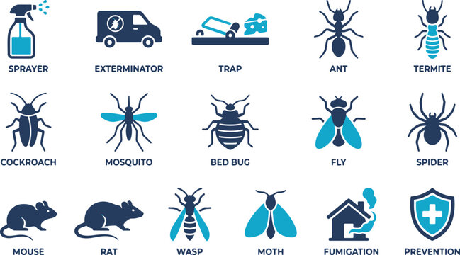 Vector icons for pest management services showing diverse insects and rodent control solutions for professional hygiene and sanitation business use.